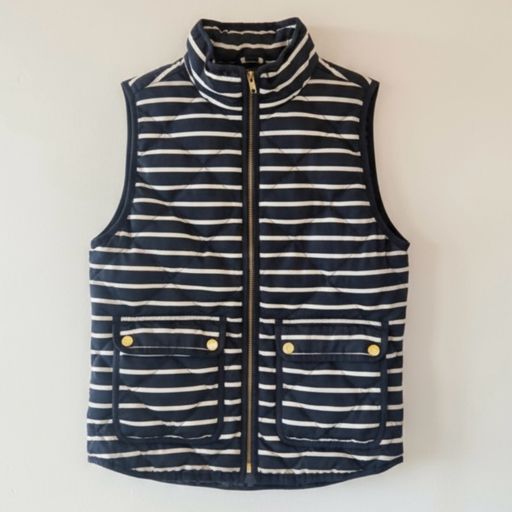 J.Crew Navy Striped Quilted Puffer Vest Womens XS | Down Fill Preppy Layer